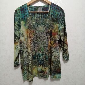 New Directions Boho Embellished V-Neck Top - Multicolor Teal/Green - XL